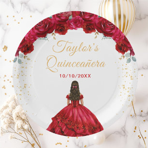 Rote Prinzessin Floral Quinceañera Pappteller