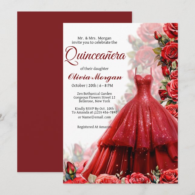Rote Prinzessin Kleid Quinceanera Einladung (Vorne/Hinten)