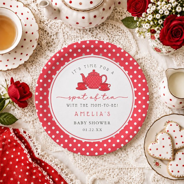 Rote Punkte-Tee mit der werdenden Mutter Baby-Part Pappteller (Red Polka dot Tea with the Mom-to-be Baby Shower Paper Plates)