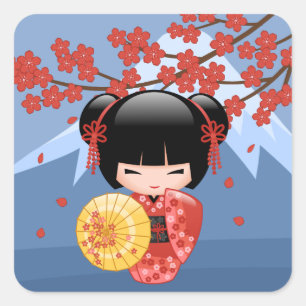Rote Puppe Kirschblütes Kokeshi - niedliches Quadratischer Aufkleber