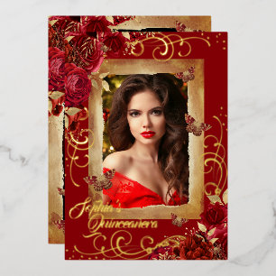 Rote Quinceanera-Foto Roségold-Schmetterling  Folieneinladung