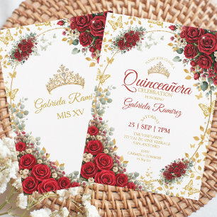 Rote Quinceañera Goldene Schmetterlinge Rosen Einladung