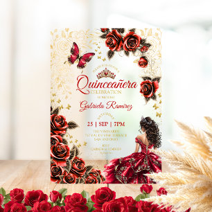 Rote Quinceañera goldene Tiara Rosen Schmetterling Acryleinladungen