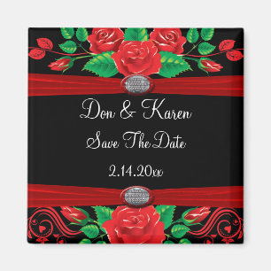 Rote Rebe-Rosen auf Schwarzem Save the Date Magnet