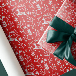 Rote Rentierfäuste und Zweige der Nordischen Volks Geschenkpapier