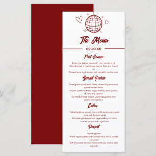 Rote Retro-Groovy-Disco-70er-Hochzeit Menükarte