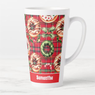 Rote Retro-Weihnachtsdonuts rote Tartan-Karodecke Milchtasse