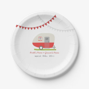 Rote Retro-Wohnwagen-Hochzeit Pappteller