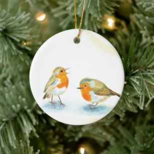 Rote Robins im Winter Keramik Ornament