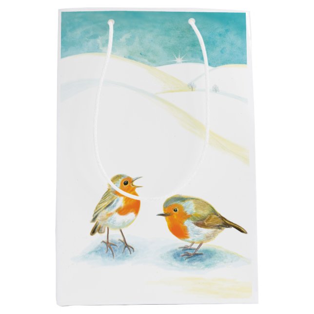 Rote Robins im Winter Mittlere Geschenktüte (Vorderseite)