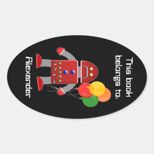 Rote Roboter-und Ballon-Buch-Kennsatzname-Platte Ovaler Aufkleber