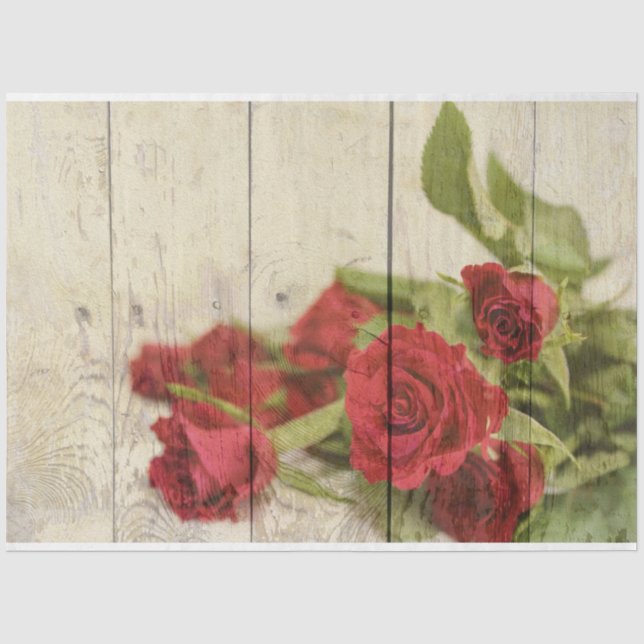 Rote romantische Rose Rustikales Holzdekoupage Seidenpapier (Vorderseite)
