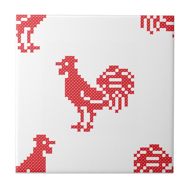Rote Rooster-Muster Fliese (Vorderseite)