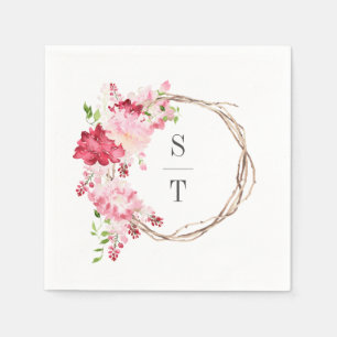 Rote rosa Aquarell-Rosen Monogramm-Kranz Hochzeit Serviette