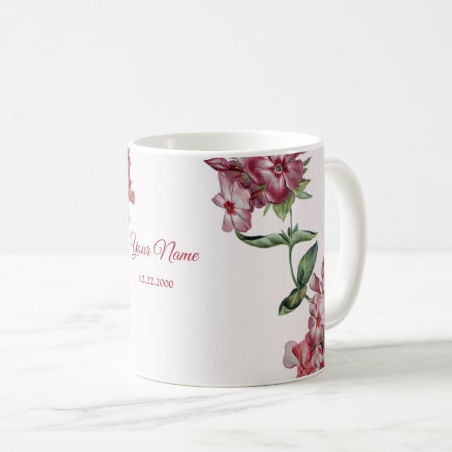 Rote rosa Blumen grüne Blätter moderne Hochzeitsfe Kaffeetasse (VorderseiteRechts)