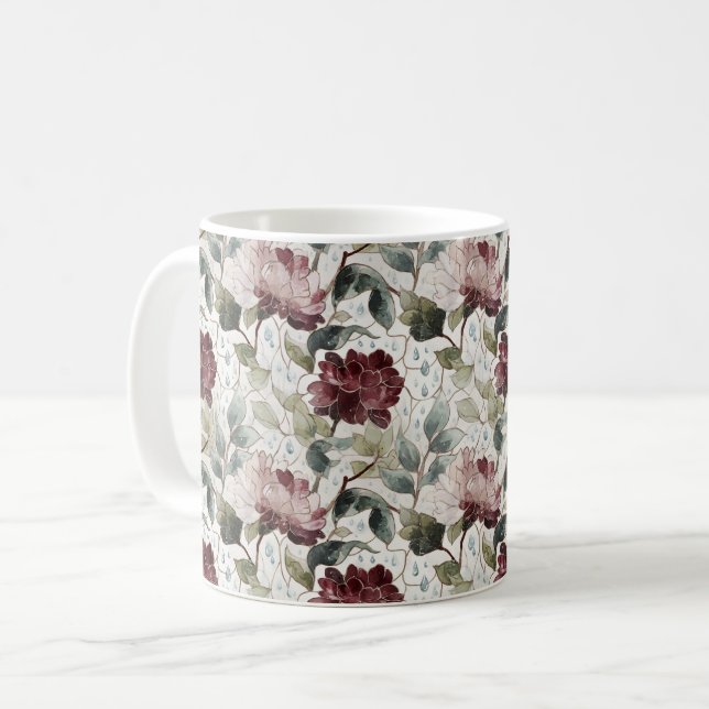 Rote rosa Blumen Regentropfen Kaffeetasse (Vorderseite Links)
