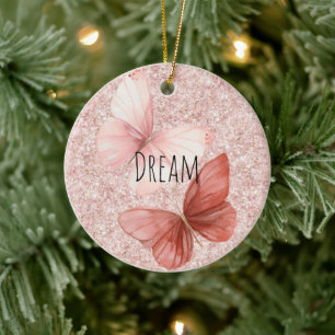 Rote rosa glänzende Schmetterlinge Weihnachten Keramik Ornament