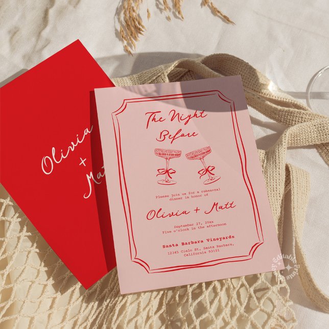 Rote + Rosa handgeschriebene Hochzeitsprobe-Dinner (whimsical rehearsal dinner cocktails drinks wedding invite)