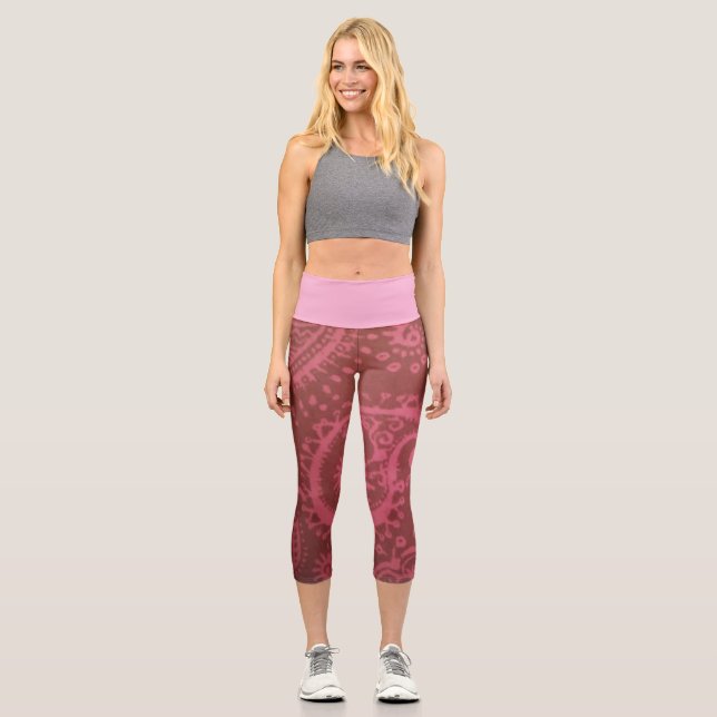 Rote rosa Paisley Capri Leggings SMALL (Vorderseite)