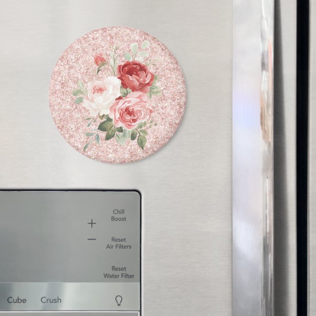 Rote rosa Rosen Blumen Glitter Magnet (In Situ (Kühlschrank))