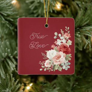 Rote rosa Rosen Blumen wahre Liebe Weihnachten Keramikornament