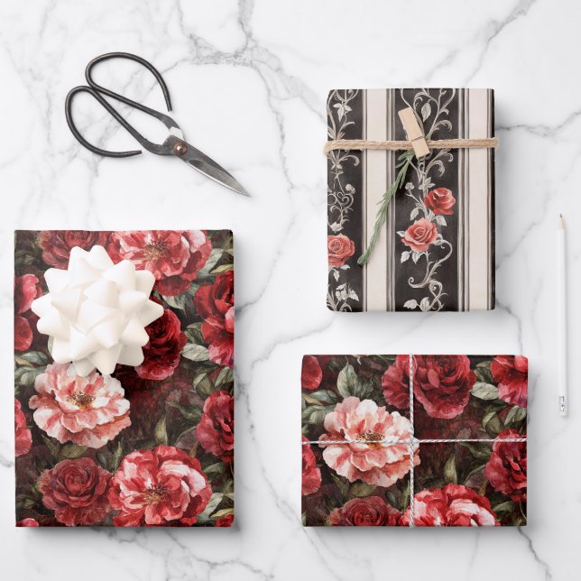 Rote rosa Rosenblumen Geschenkpapier Set (Vorderseite)