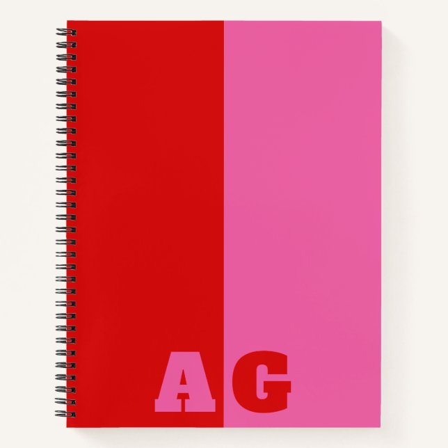 Rote Rosa Streifen Fette Monogramm Notizbuch (Vorderseite)