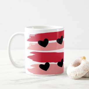 Rote Rosa Streifen Muster schwarze Herzen  Kaffeetasse