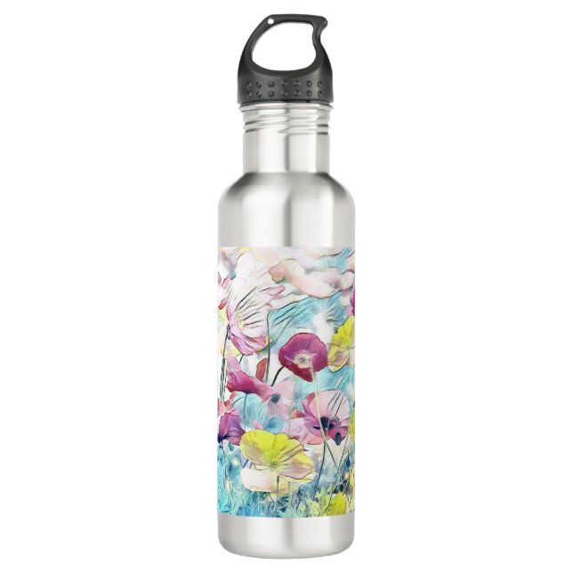 Rote, rosa und gelbe Frühlingsblumen Edelstahlflasche (Vorderseite)