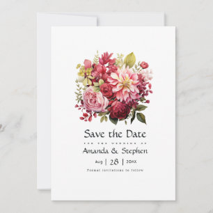 Rote, rosa und grüne florale Hochzeit Save The Date