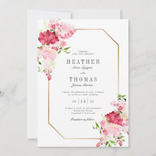 Rote rosa Wasserfarben-Rosen Goldrahmen Hochzeit Einladung