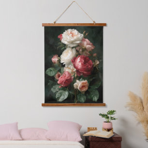 Rote rosa weiße Pfingstrosen Aquarell Blumensträuß Wandteppich Mit Holzrahmen