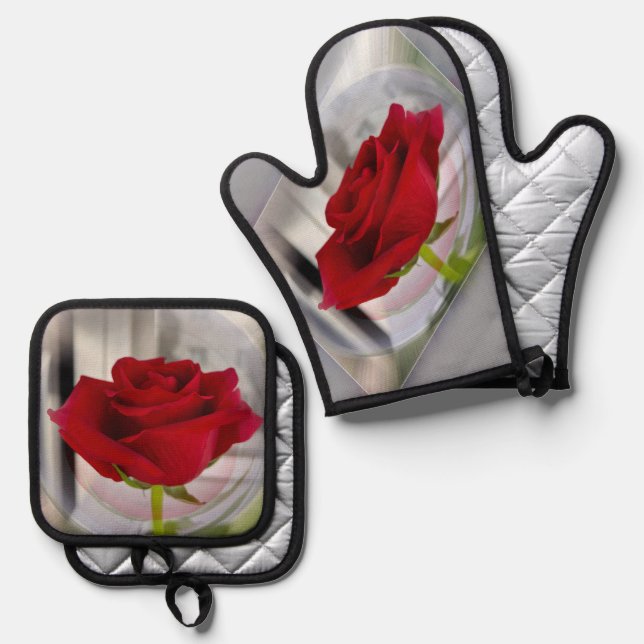 Rote Rose 2 Ofenhandschuh & Topflappen-Set (Vorderseite/Rückseite)