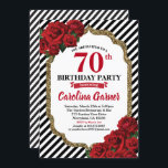 Rote Rose 70. Geburtstagsausschreibung für Frauen Einladung<br><div class="desc">JEDES ALTER.Alle Texte sind editierbar.
Holen Sie sich diese elegante und glamouröse Party Einladung für Geburtstagsparty in jedem Alter.
Entwickelt mit rote Rose,  Gold Glitzer Rahmen. Die schwarz-weißen Streifen fügen eine Touch modernen Chic hinzu.
Holen Sie sich diese schöne Einladung jetzt!</div>