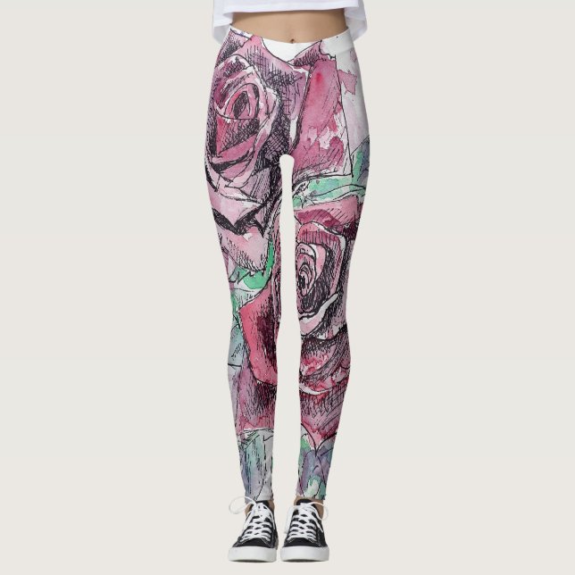Rote Rose Aquarell Blume Rote Flora Leggings (Vorderseite)