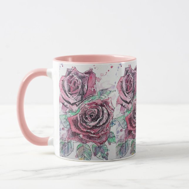 Rote Rose Aquarell und Tinte Rose Tasse Malen (Links)