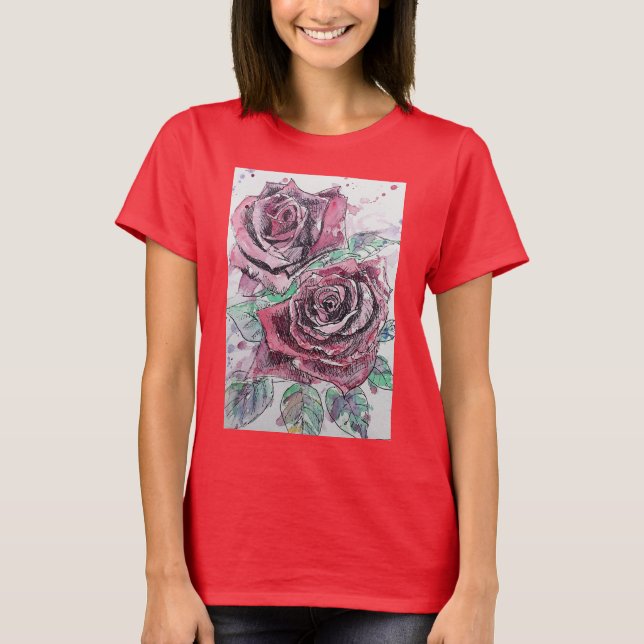 Rote Rose Aquarellfarben Farbtinte Malerei T Shirt (Vorderseite)