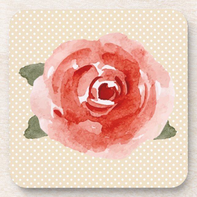 Rote Rose auf Creme und Weißpolka Getränkeuntersetzer (Vorderseite)