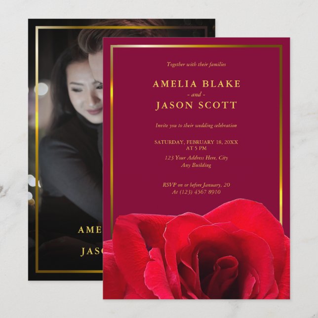 Rote Rose auf Deep Pink | Goldrahmen-Foto-Hochzeit Einladung (Vorne/Hinten)