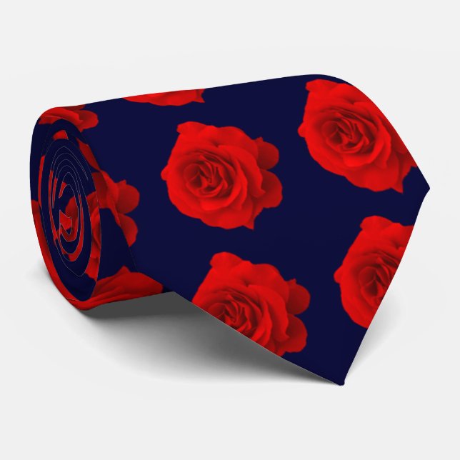 Rote Rose auf dunklem Marine-Blau Krawatte (Gerollt)
