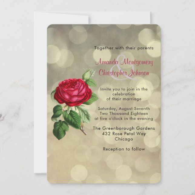Rote Rose auf Golden Bokeh Lights Hochzeit Einladu Einladung (Vorderseite)
