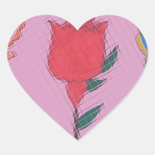 Rote Rose auf Rosa: Blumengrafik am Border Art Pri Herz-Aufkleber