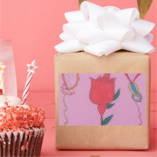 Rote Rose auf Rosa: Blumengrafik am Border Art Pri Rechteckiger Aufkleber