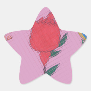 Rote Rose auf Rosa: Blumengrafik am Border Art Pri Stern-Aufkleber