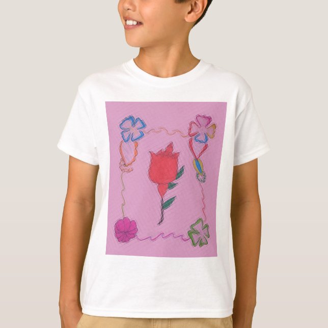 Rote Rose auf Rosa: Blumengrafik am Border Art Pri T-Shirt (Vorderseite)