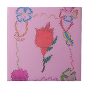 Rote Rose auf Rosa: Florales Rand Kunst Druck/Graf Fliese
