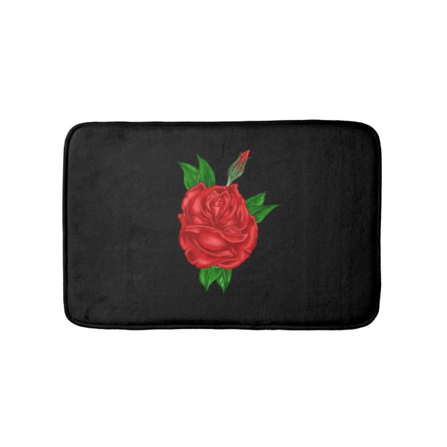 Rote Rose auf Schwarz Badematte (Vorderseite)