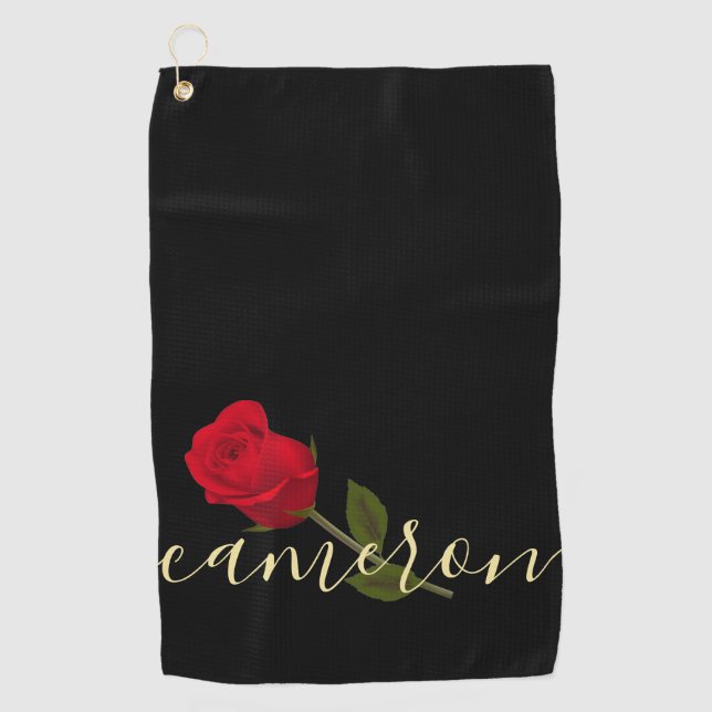 Rote Rose auf Schwarz und Gold monogramiert Golfhandtuch (Vorderseite)