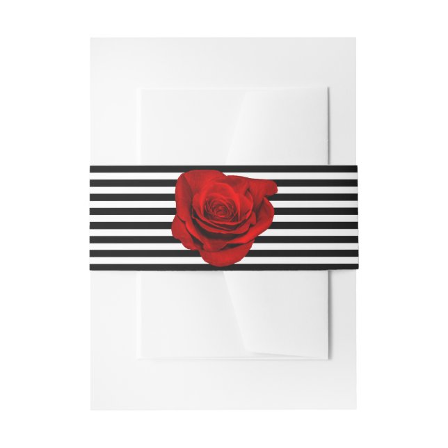 Rote Rose auf Schwarz-Weiß-Streifen Hochzeit Einladungsbanderole (Vorderseite Beispiel)