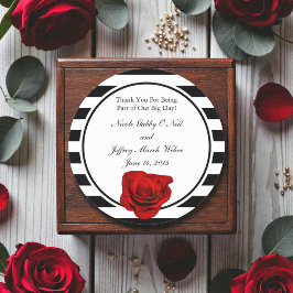 Rote Rose auf Schwarz-Weiß-Streifen Hochzeit Runder Aufkleber